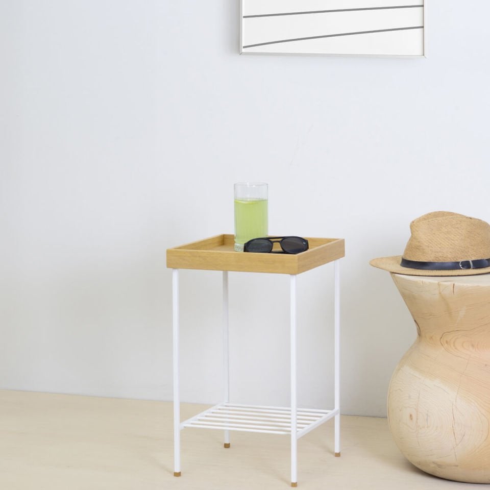 Solid Oak Medium Size Side Table / Flower Pot – EDGE Series, Metal Leg Honey – WHITE