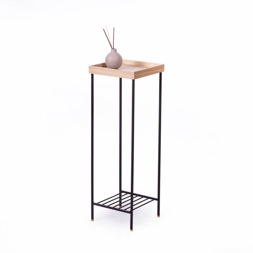 Masif Ahşap Uzun Yan Sehpa / Saksılık – EDGE Serisi, Metal Ayaklı Raw - SİYAH