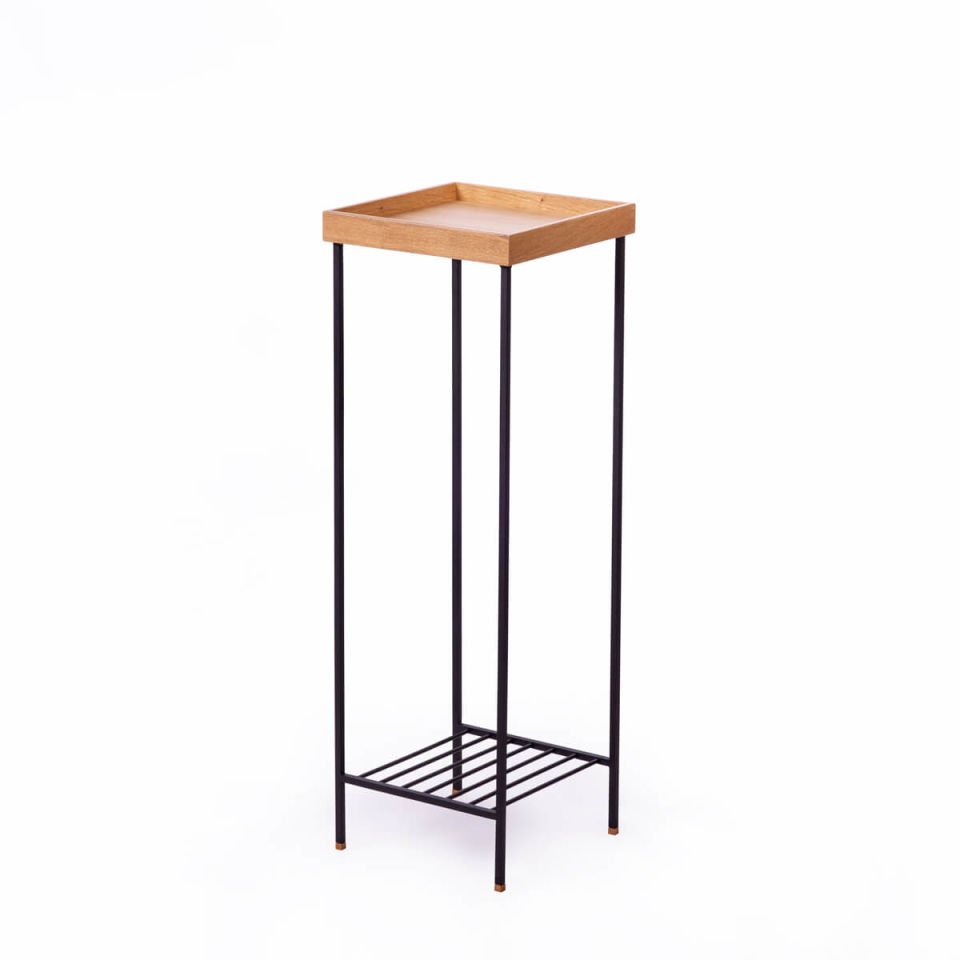 Masif Ahşap Uzun Yan Sehpa / Saksılık – EDGE Serisi, Metal Ayaklı Honey - SİYAH