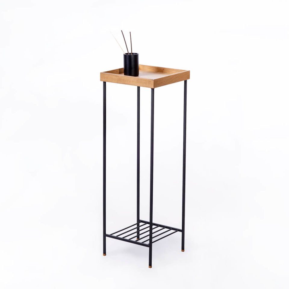 Masif Ahşap Uzun Yan Sehpa / Saksılık – EDGE Serisi, Metal Ayaklı Honey - SİYAH