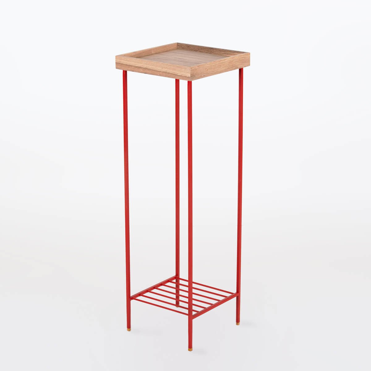 Masif Ahşap Uzun Yan Sehpa / Saksılık – EDGE Serisi, Renkli Metal Ayaklı Raw - KIRMIZI