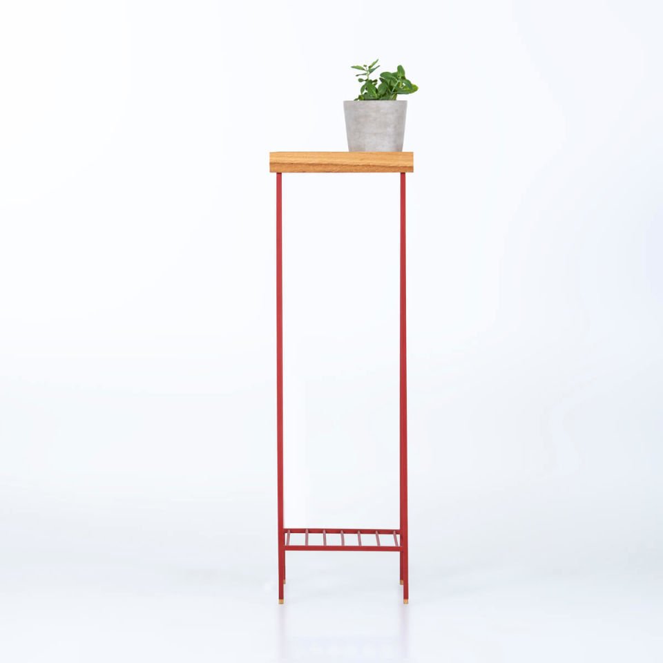 Masif Ahşap Uzun Yan Sehpa / Saksılık – EDGE Serisi, Renkli Metal Ayaklı Honey - KIRMIZI
