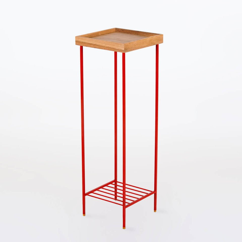 Masif Ahşap Uzun Yan Sehpa / Saksılık – EDGE Serisi, Renkli Metal Ayaklı Honey - KIRMIZI