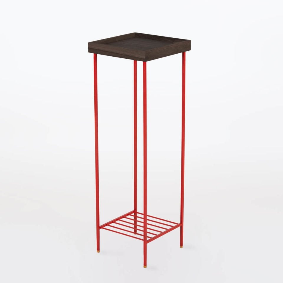 Solid Wood Long Side Table / Flower Pot – EDGE Series, Dark with Colored Metal Legs - RED