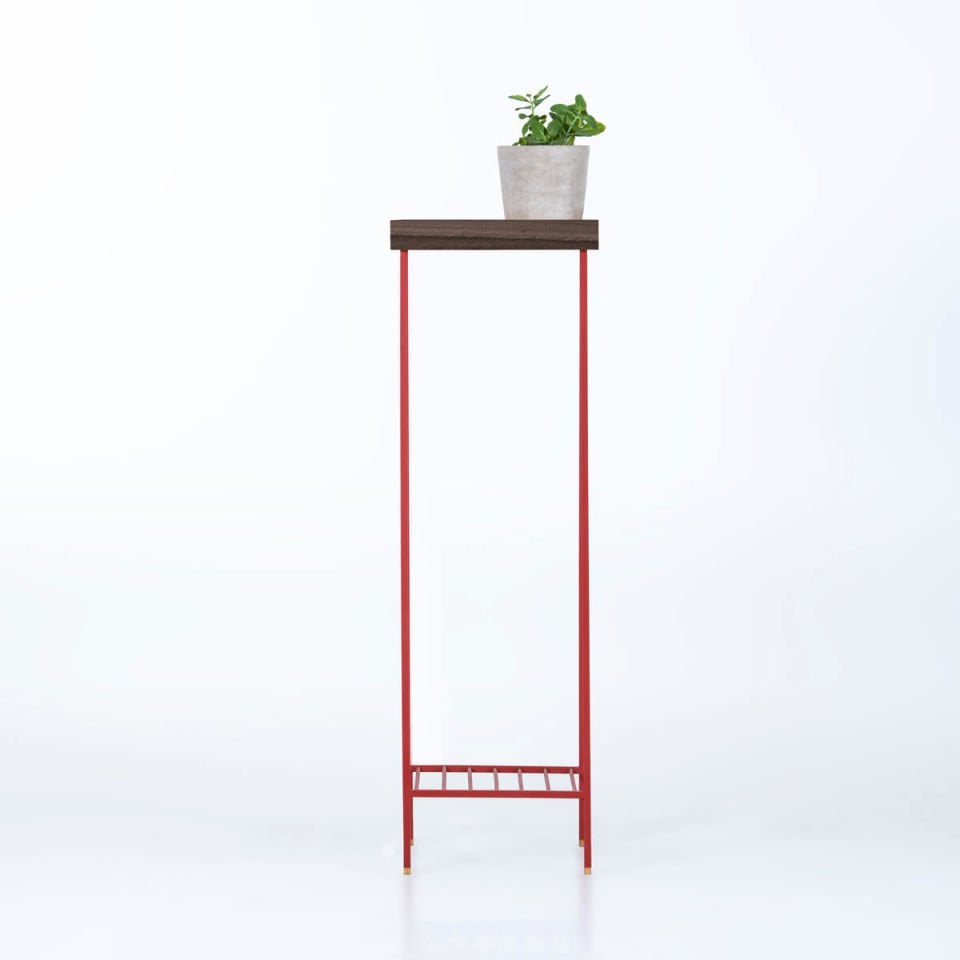 Solid Wood Long Side Table / Flower Pot – EDGE Series, Dark with Colored Metal Legs - RED