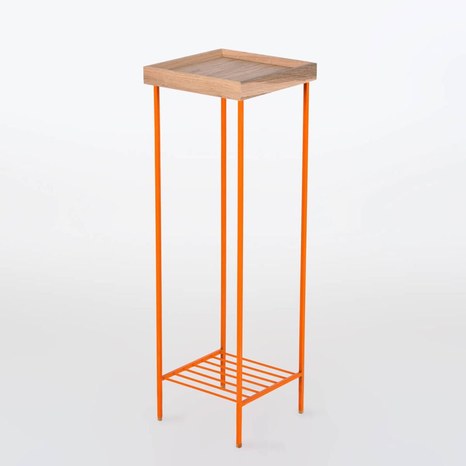 Masif Ahşap Uzun Yan Sehpa / Saksılık – EDGE Serisi, Renkli Metal Ayaklı Raw - TURUNCU