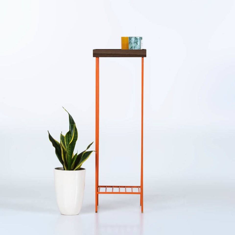 Solid Wood Long Side Table / Flower Pot – EDGE Series, Dark with Colored Metal Legs - ORANGE