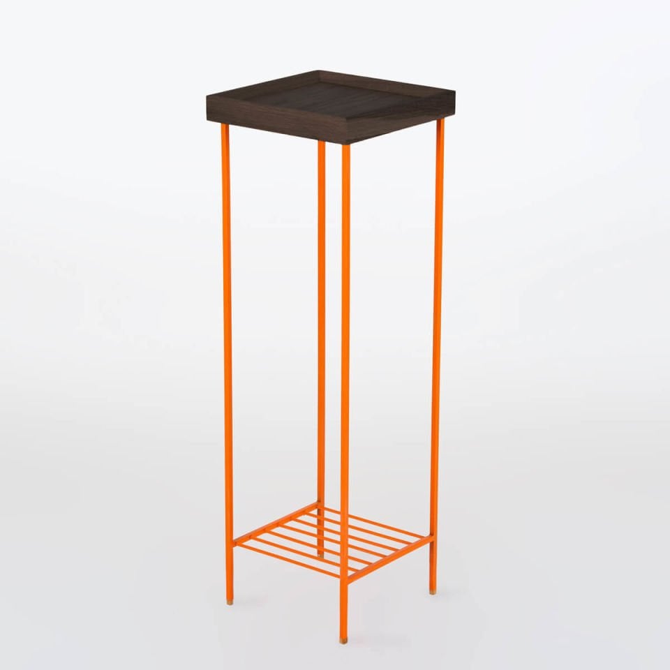 Solid Wood Long Side Table / Flower Pot – EDGE Series, Dark with Colored Metal Legs - ORANGE