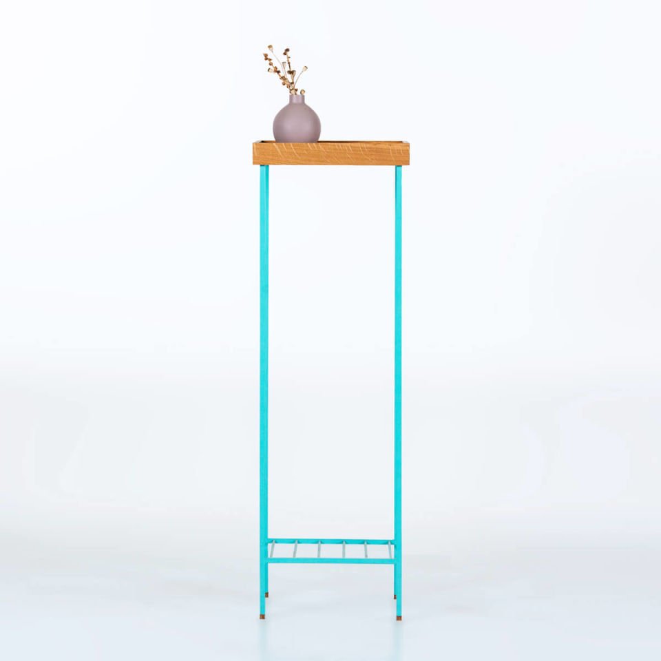 Solid Wood Long Side Table / Flower Pot – EDGE Series, Colored Metal Legs Honey - GREEN