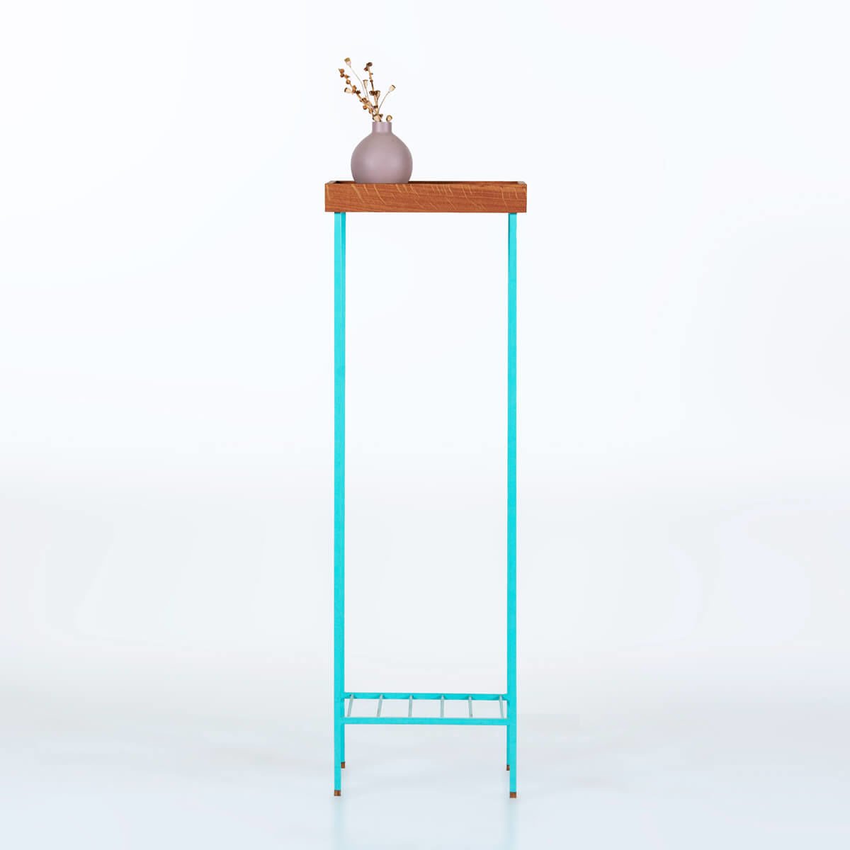 Masif Ahşap Uzun Yan Sehpa / Saksılık – EDGE Serisi, Renkli Metal Ayaklı Forest - YEŞİL