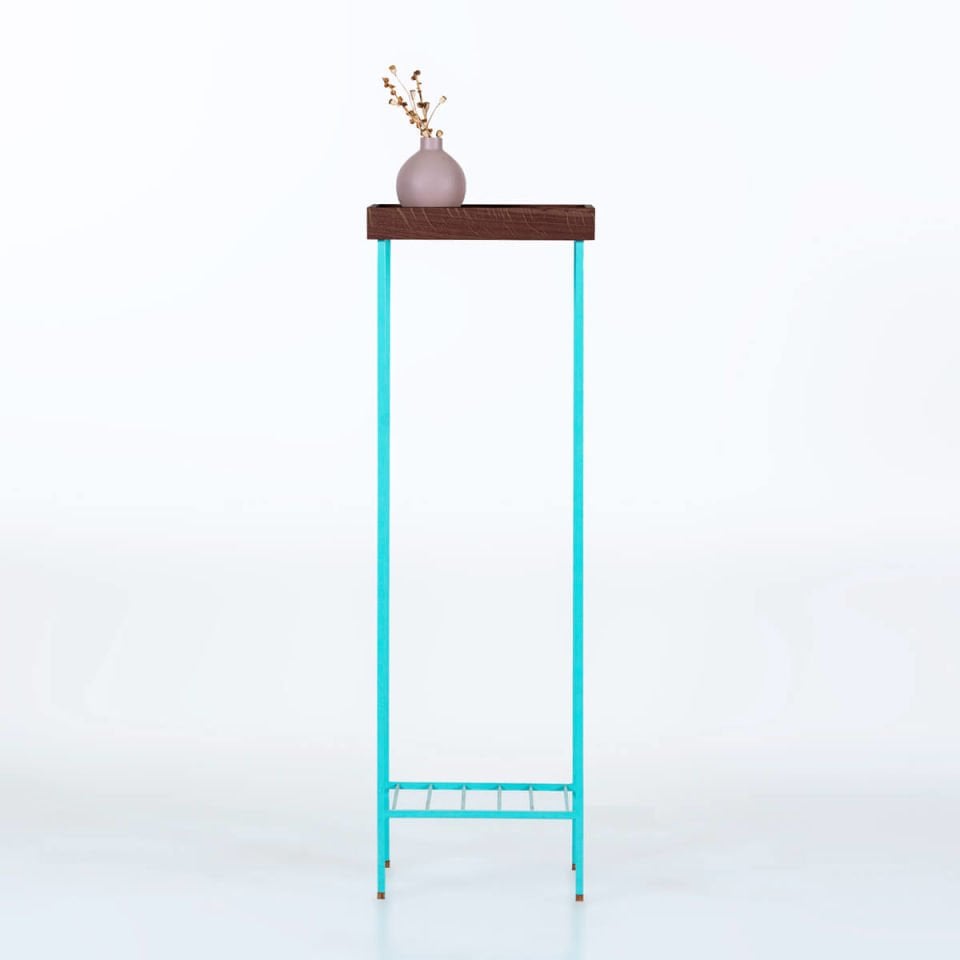 Solid Wood Long Side Table / Flower Pot – EDGE Series, Dark with Colored Metal Legs - GREEN