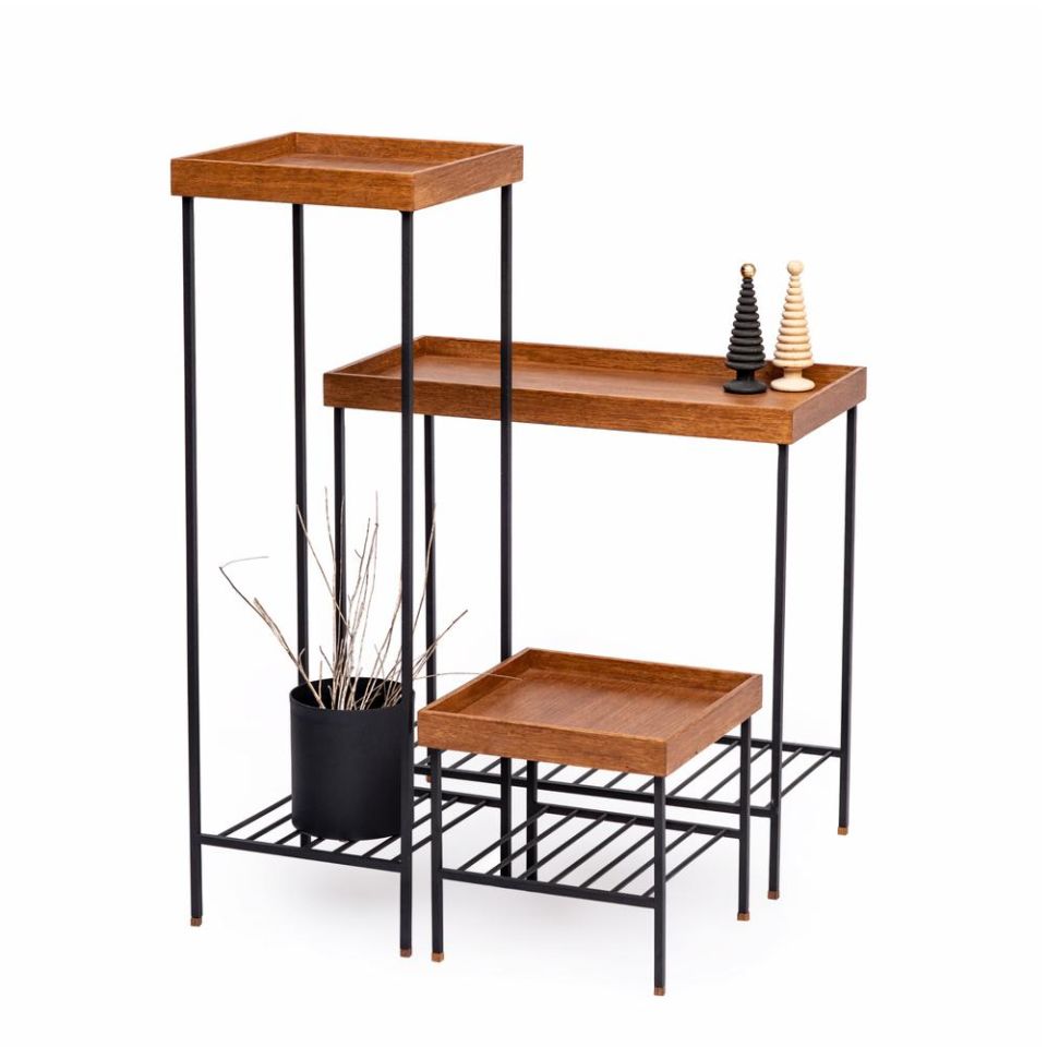 Masif Ahşap Yan Sehpa / Saksılık Set– EDGE Serisi, Metal Ayaklı Forest - SİYAH