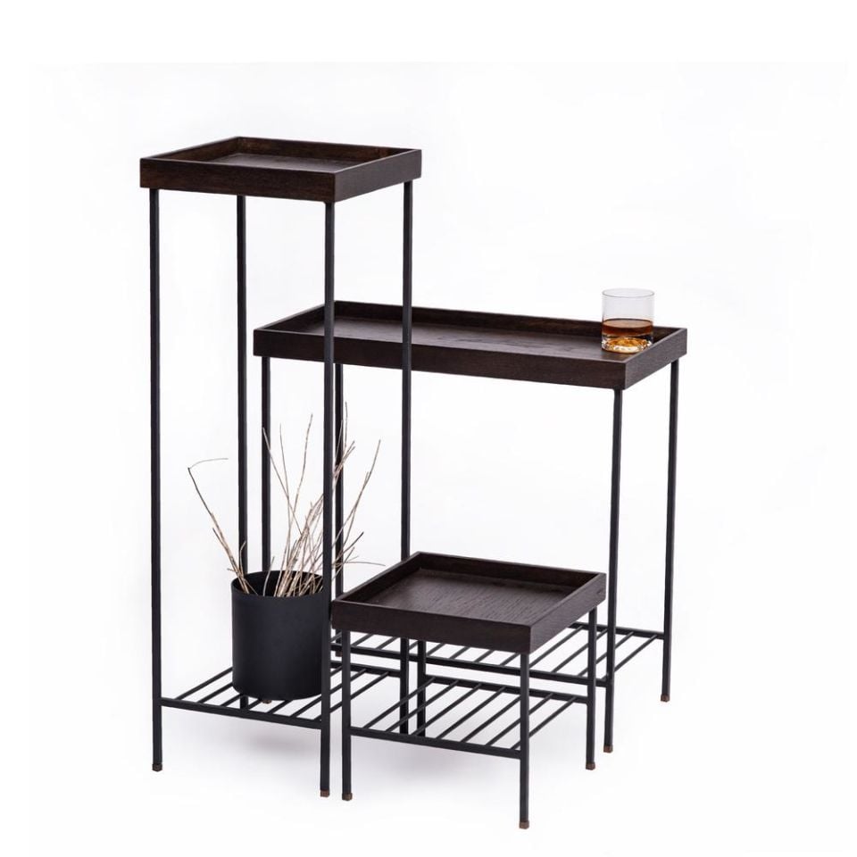 Solid Wood Side Table / Flower Pot Set – EDGE Series, Metal Leg Dark - BLACK