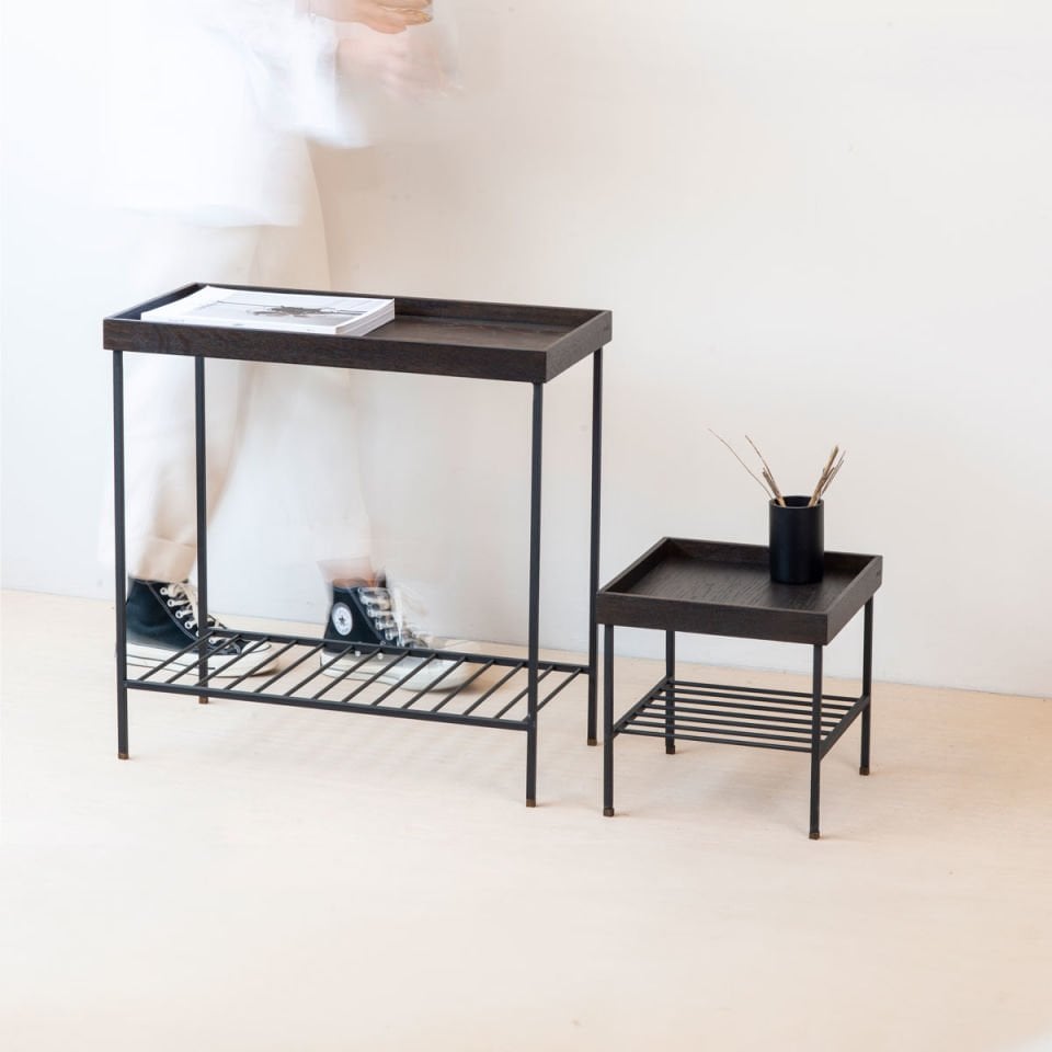 Solid Wood Side Table / Flower Pot Set – EDGE Series, Metal Leg Dark - BLACK