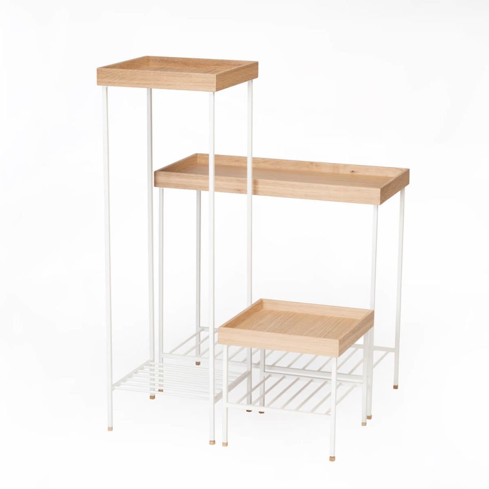 Masif Ahşap Yan Sehpa / Saksılık Set– EDGE Serisi, Metal Ayaklı Raw - BEYAZ