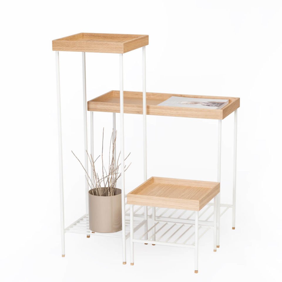 Masif Ahşap Yan Sehpa / Saksılık Set– EDGE Serisi, Metal Ayaklı Raw - BEYAZ