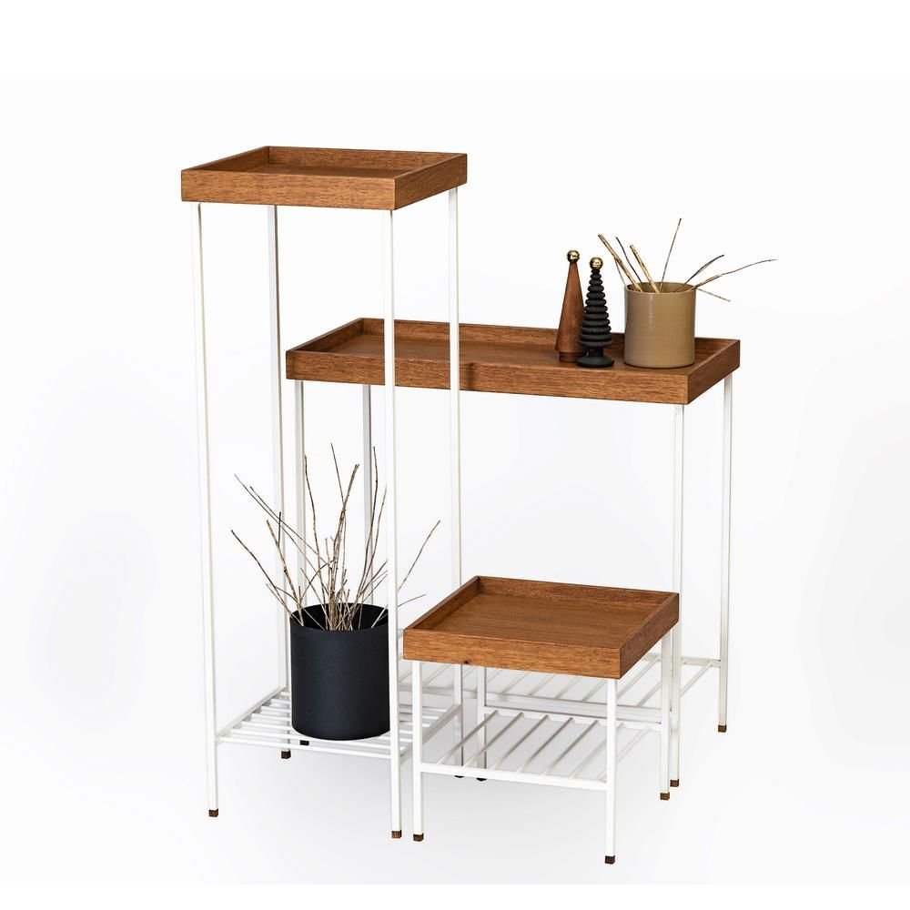 Masif Ahşap Yan Sehpa / Saksılık Set– EDGE Serisi, Metal Ayaklı Forest - BEYAZ