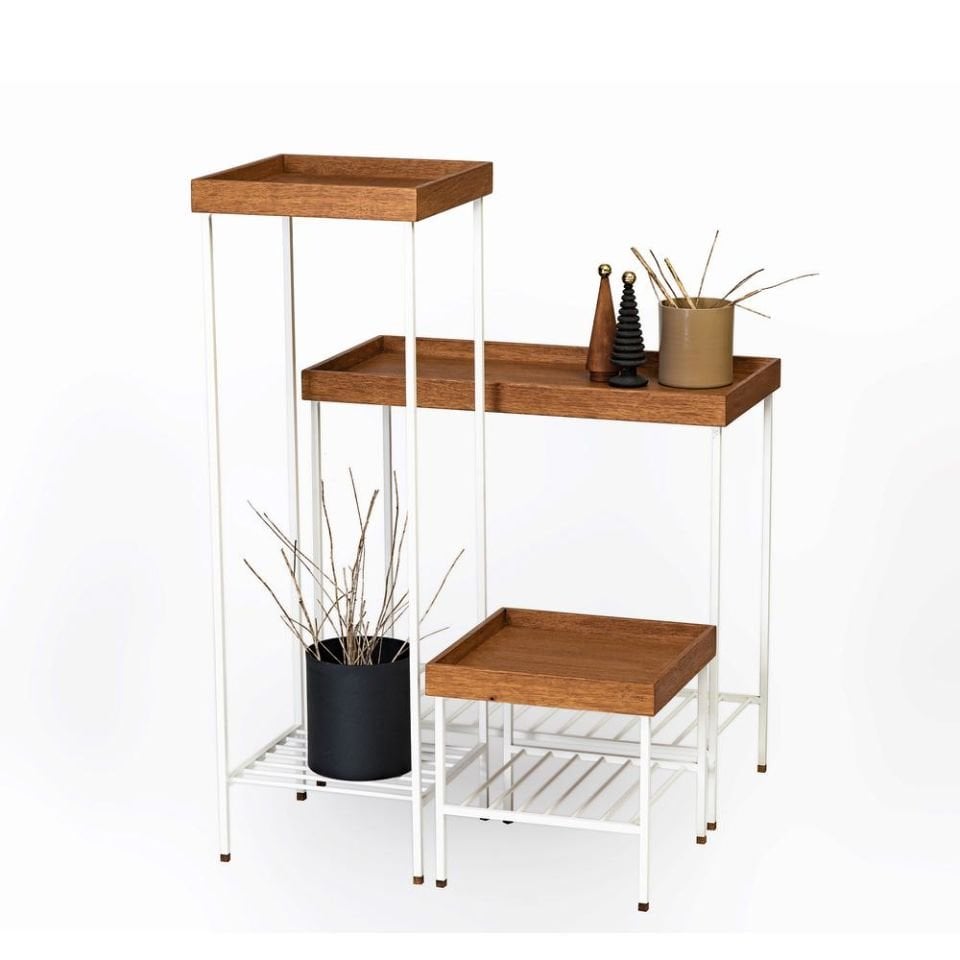 Masif Ahşap Yan Sehpa / Saksılık Set– EDGE Serisi, Metal Ayaklı Forest - BEYAZ
