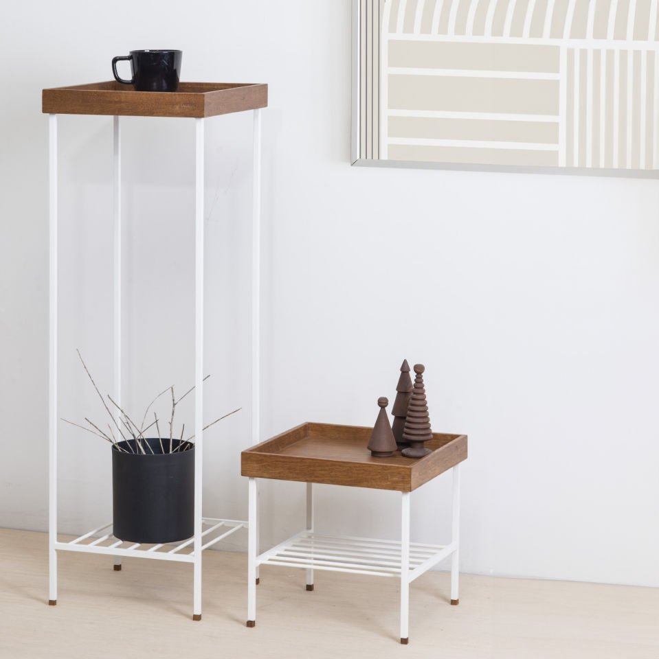 Masif Ahşap Yan Sehpa / Saksılık Set– EDGE Serisi, Metal Ayaklı Forest - BEYAZ