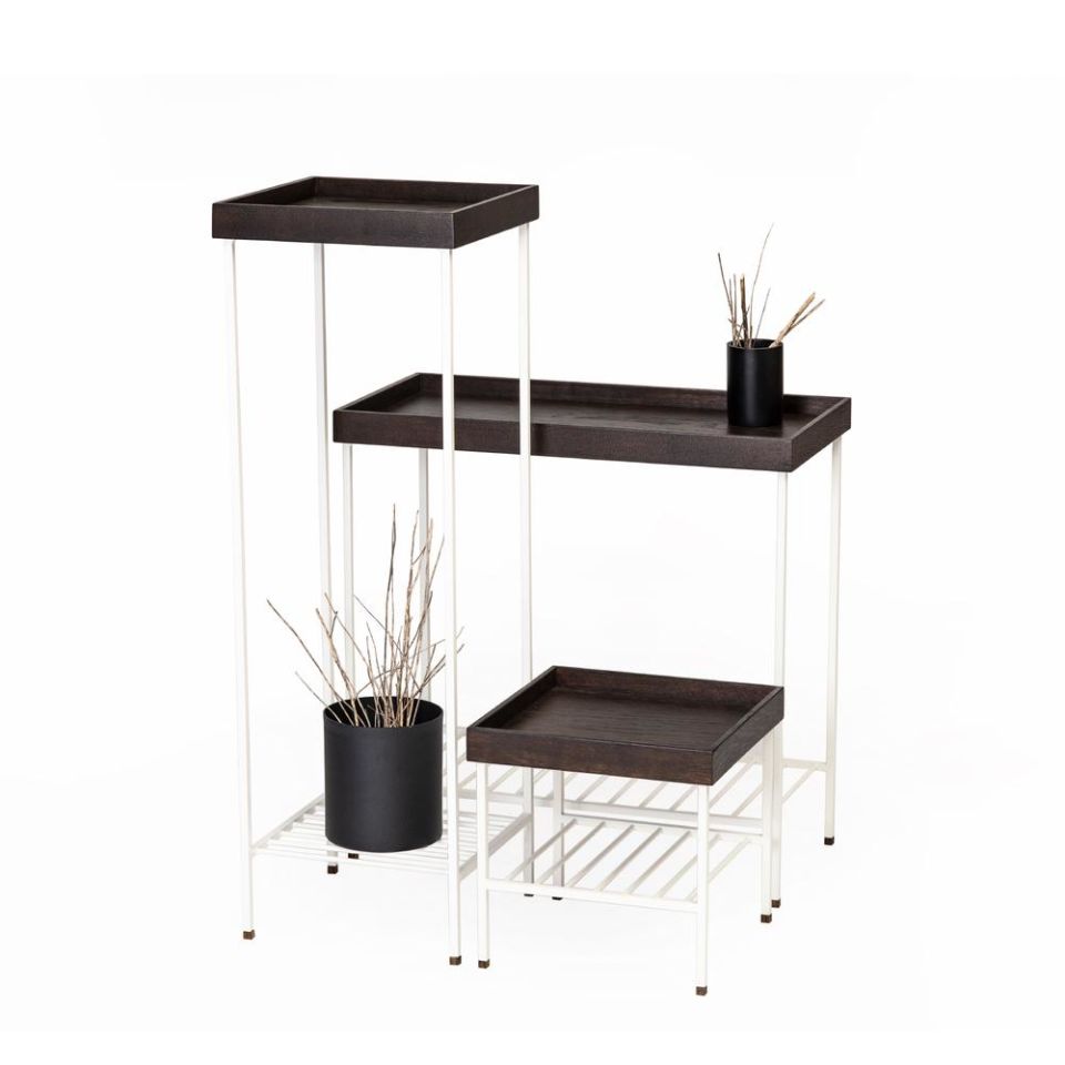 Masif Ahşap Yan Sehpa / Saksılık Set– EDGE Serisi, Metal Ayaklı Black - BEYAZ