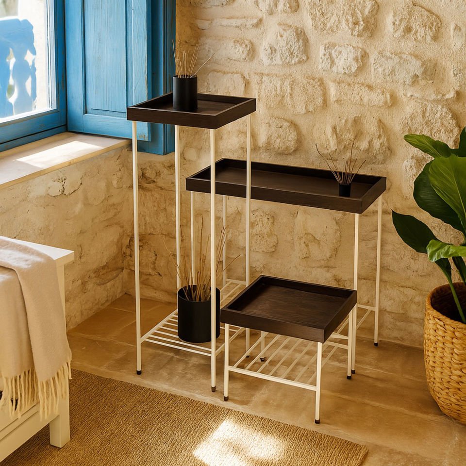 Masif Ahşap Yan Sehpa / Saksılık Set– EDGE Serisi, Metal Ayaklı Black - BEYAZ
