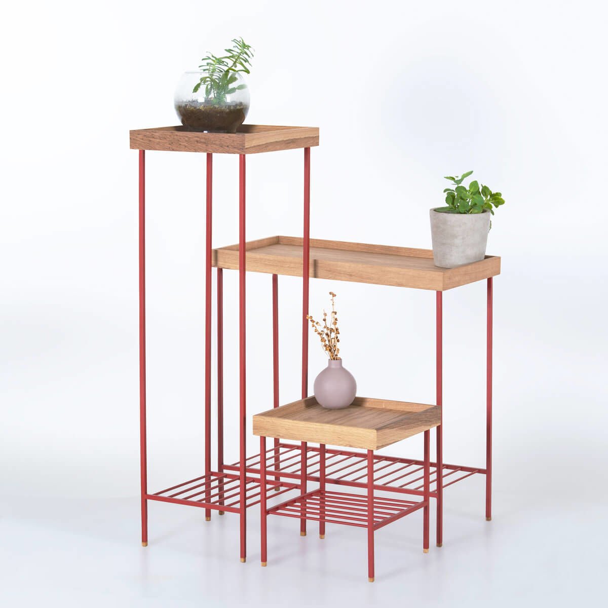 Masif Ahşap Yan Sehpa / Saksılık Set– EDGE Serisi, Metal Ayaklı Raw - KIRMIZI
