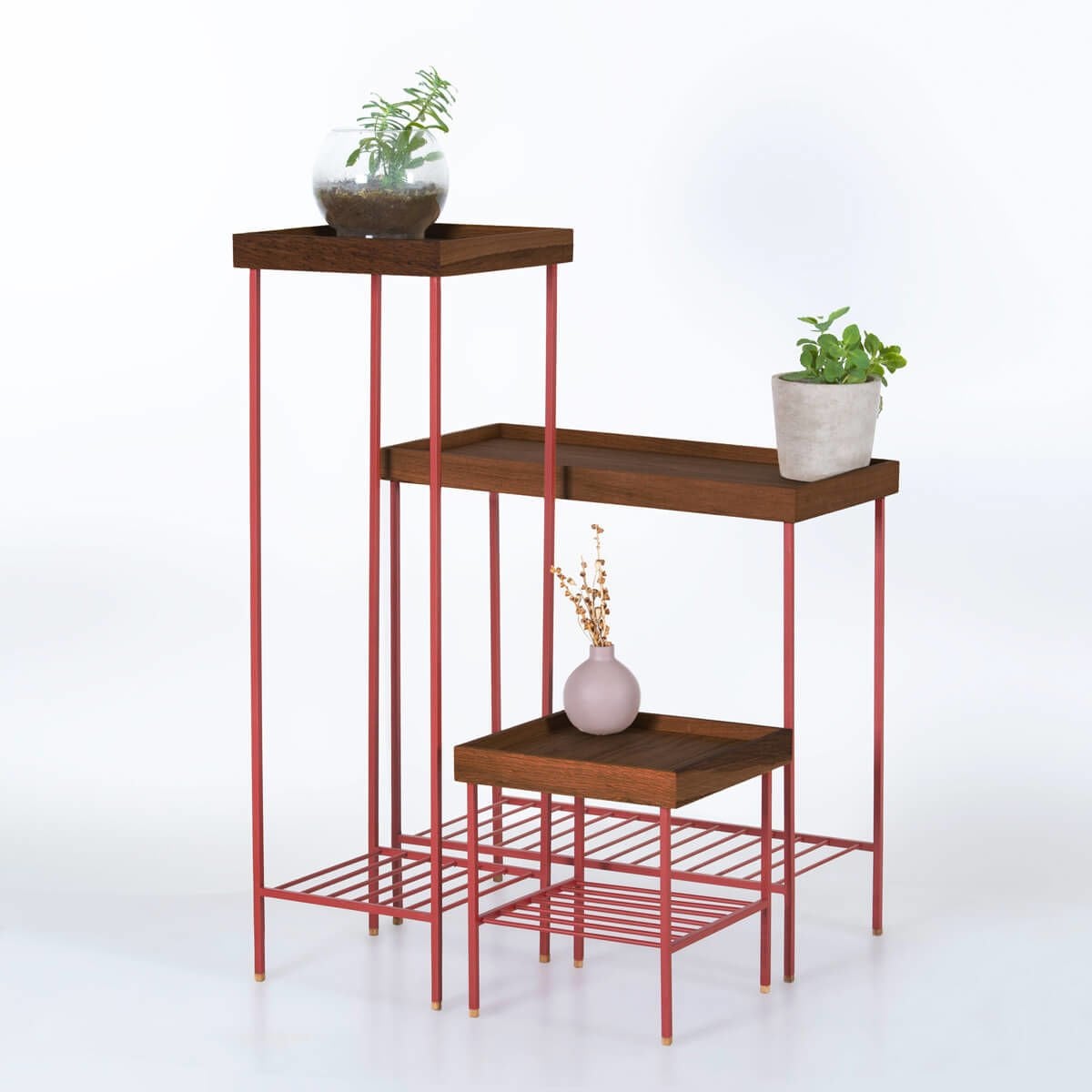 Masif Ahşap Yan Sehpa / Saksılık Set– EDGE Serisi, Metal Ayaklı Forest - KIRMIZI
