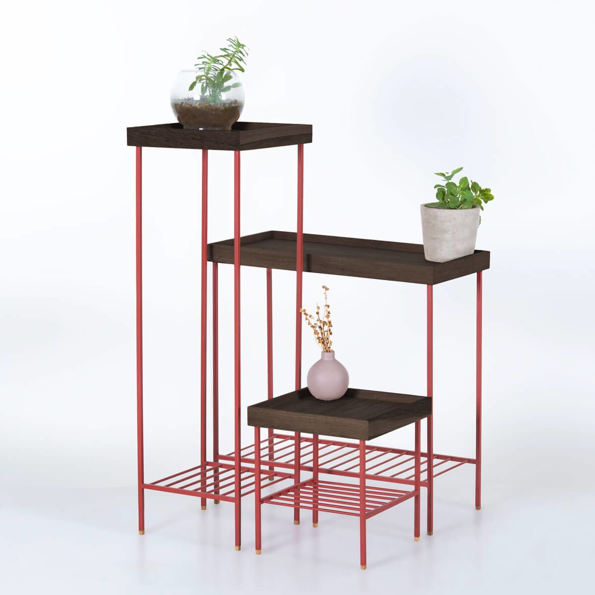 Masif Ahşap Yan Sehpa / Saksılık Set– EDGE Serisi, Metal Ayaklı Dark - KIRMIZI