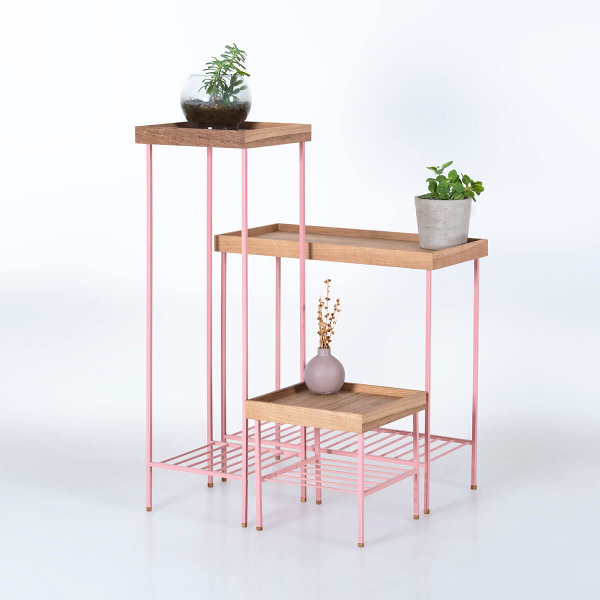 Masif Ahşap Yan Sehpa / Saksılık Set– EDGE Serisi, Metal Ayaklı Raw - PEMBE