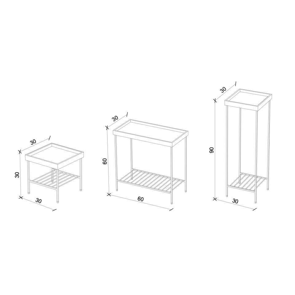 Masif Ahşap Yan Sehpa / Saksılık Set– EDGE Serisi, Metal Ayaklı Forest - PEMBE