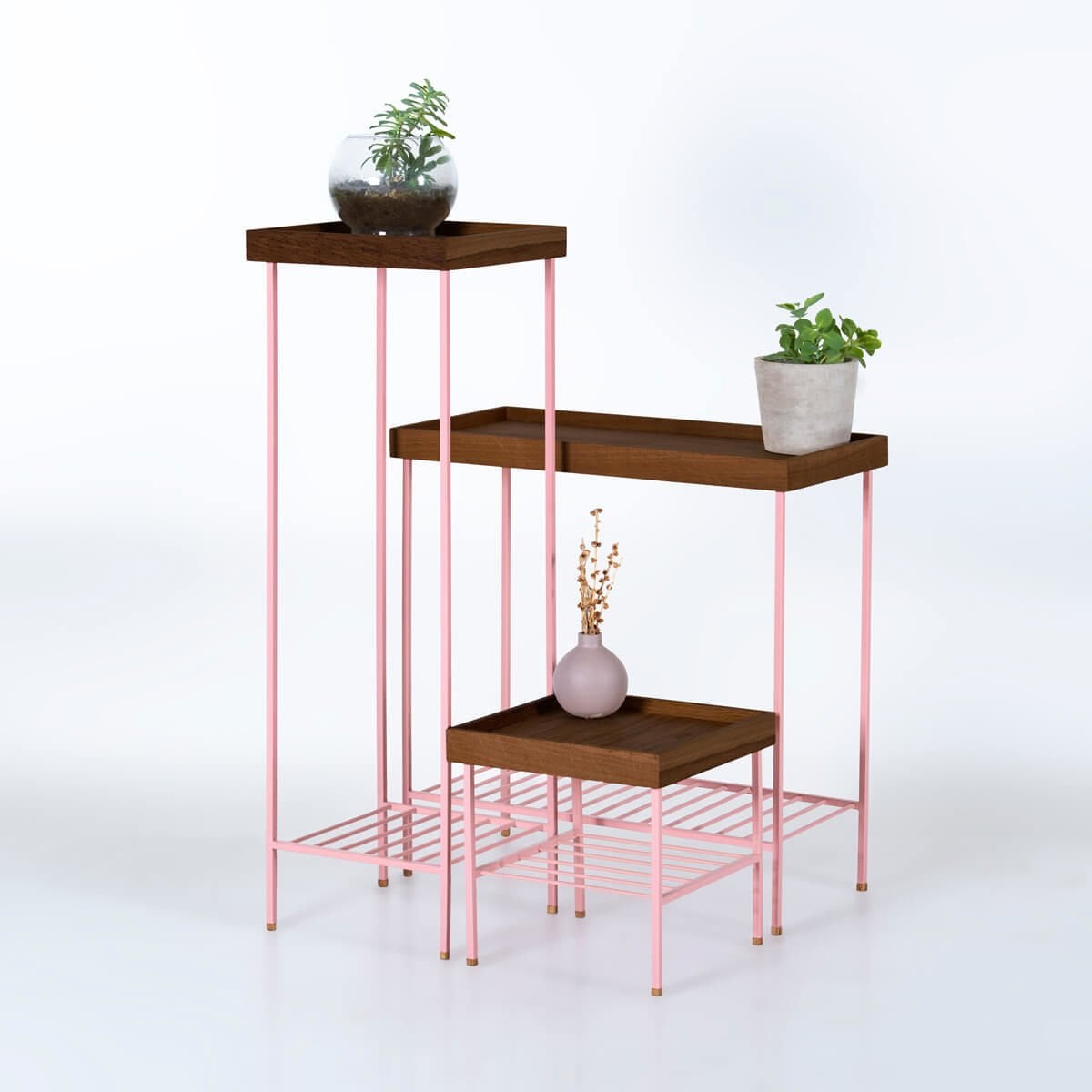 Masif Ahşap Yan Sehpa / Saksılık Set– EDGE Serisi, Metal Ayaklı Forest - PEMBE