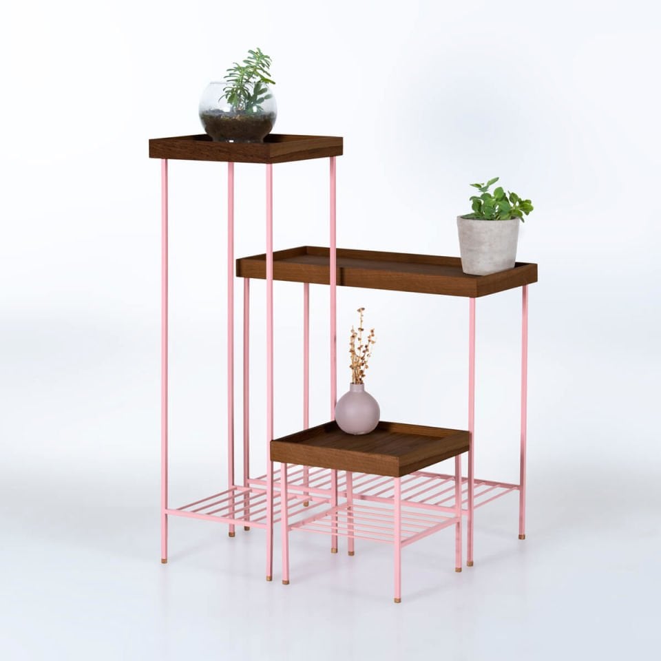 Masif Ahşap Yan Sehpa / Saksılık Set– EDGE Serisi, Metal Ayaklı Forest - PEMBE