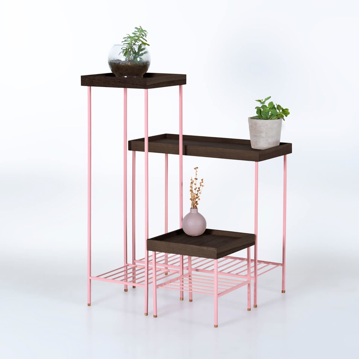 Masif Ahşap Yan Sehpa / Saksılık Set– EDGE Serisi, Metal Ayaklı Black - PEMBE