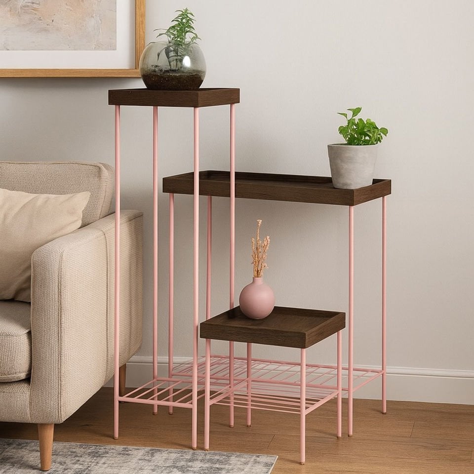 Solid Wood Side Table / Flower Pot Set – EDGE Series, Metal Leg Dark - PINK