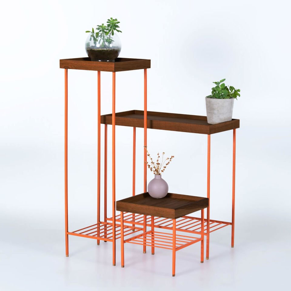 Solid Wood Side Table / Flower Pot Set – EDGE Series, Metal Leg Forest - ORANGE