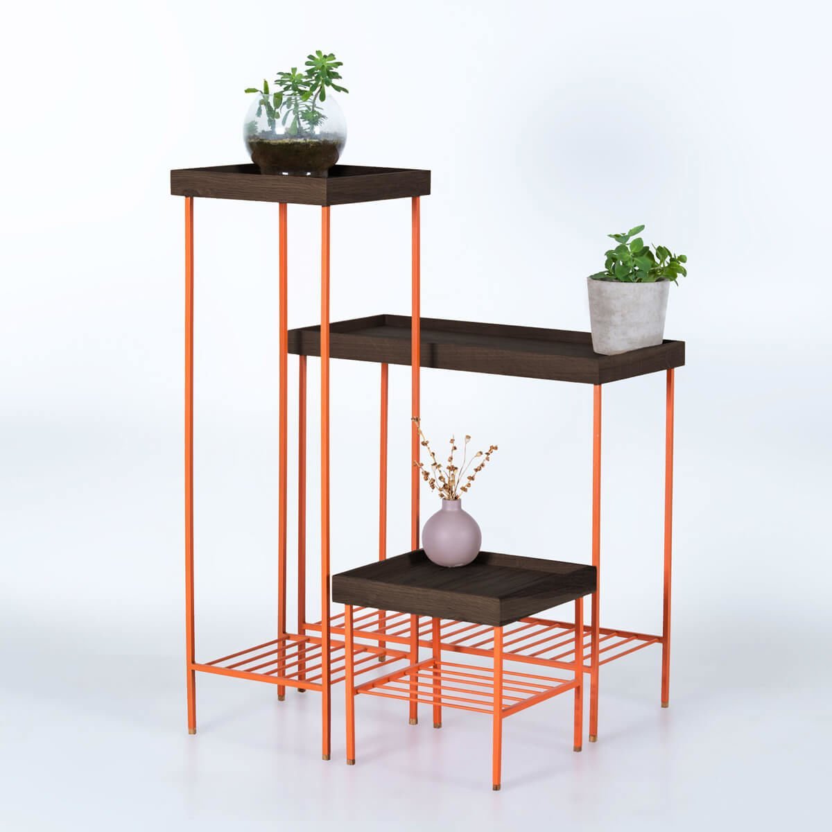 Solid Wood Side Table / Flower Pot Set – EDGE Series, Metal Leg Dark - ORANGE
