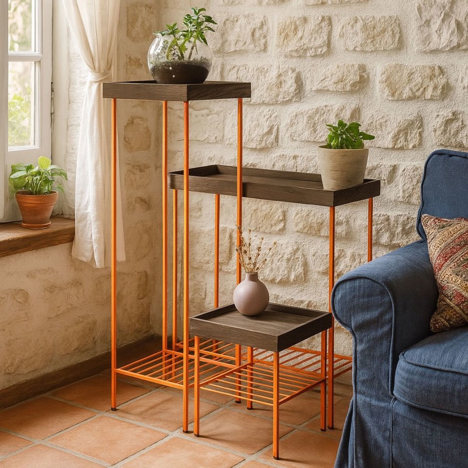 Solid Wood Side Table / Flower Pot Set – EDGE Series, Metal Leg Dark - ORANGE