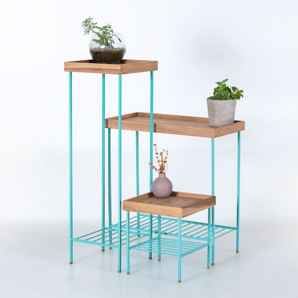 Solid Wood Side Table / Flower Pot Set – EDGE Series, Metal Leg Raw - GREEN