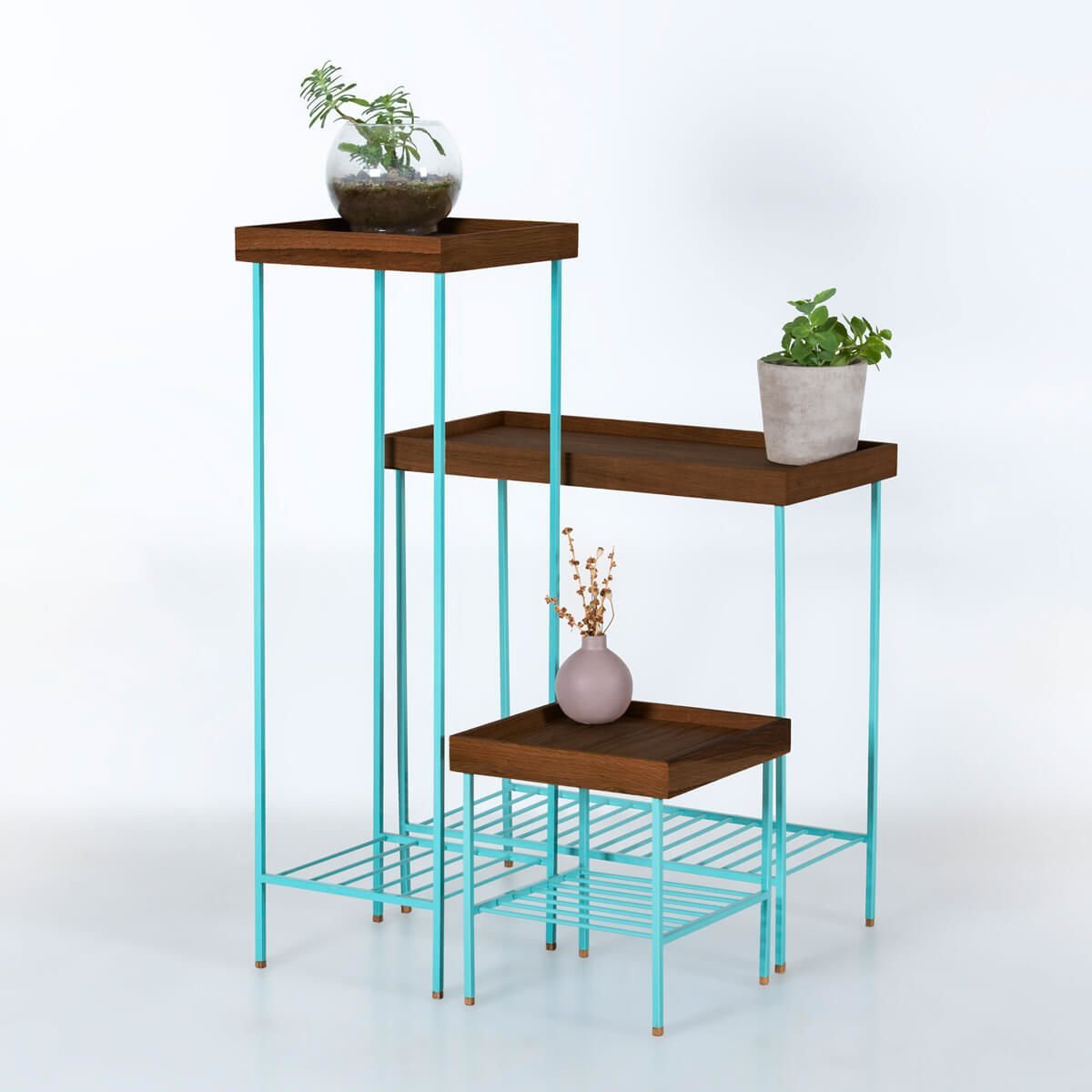Solid Wood Side Table / Flower Pot Set – EDGE Series, Metal Leg Forest - GREEN