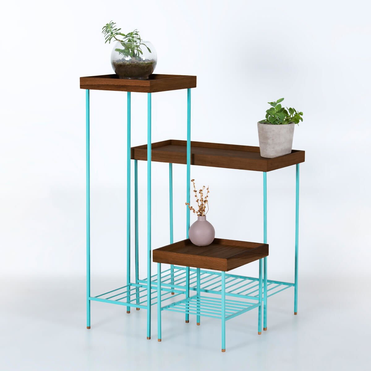 Masif Ahşap Yan Sehpa / Saksılık Set– EDGE Serisi, Metal Ayaklı Forest - YEŞİL