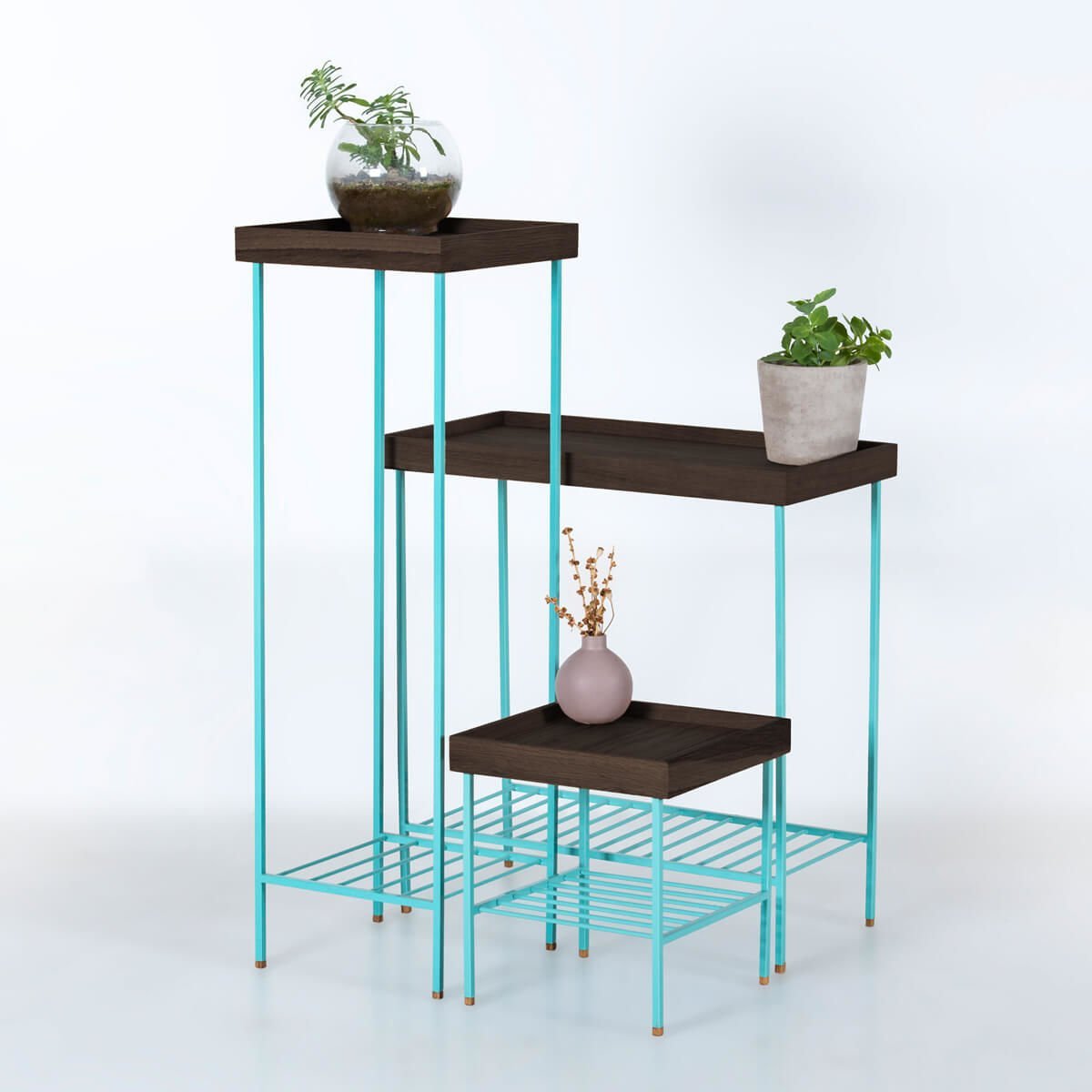 Solid Wood Side Table / Flower Pot Set – EDGE Series, Metal Leg Dark - GREEN