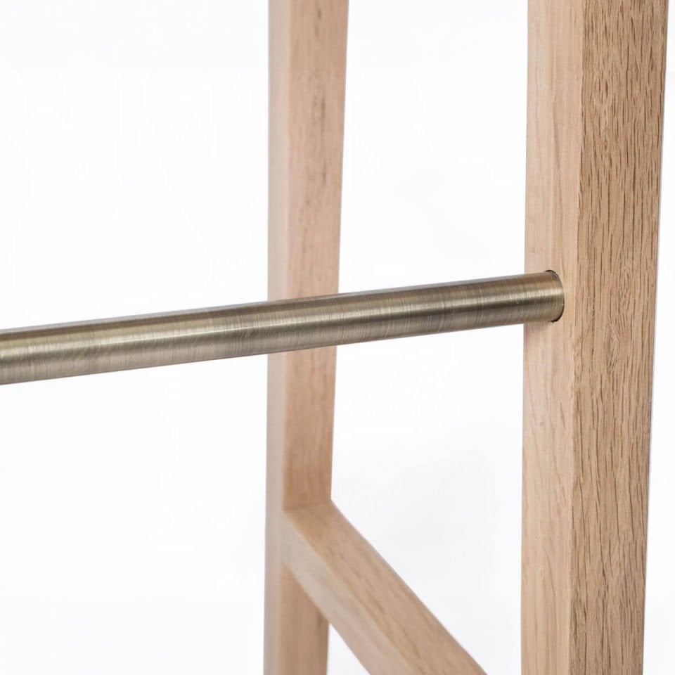 Solid Oak Low Bar Stool – PI Series, Brass Detail Raw