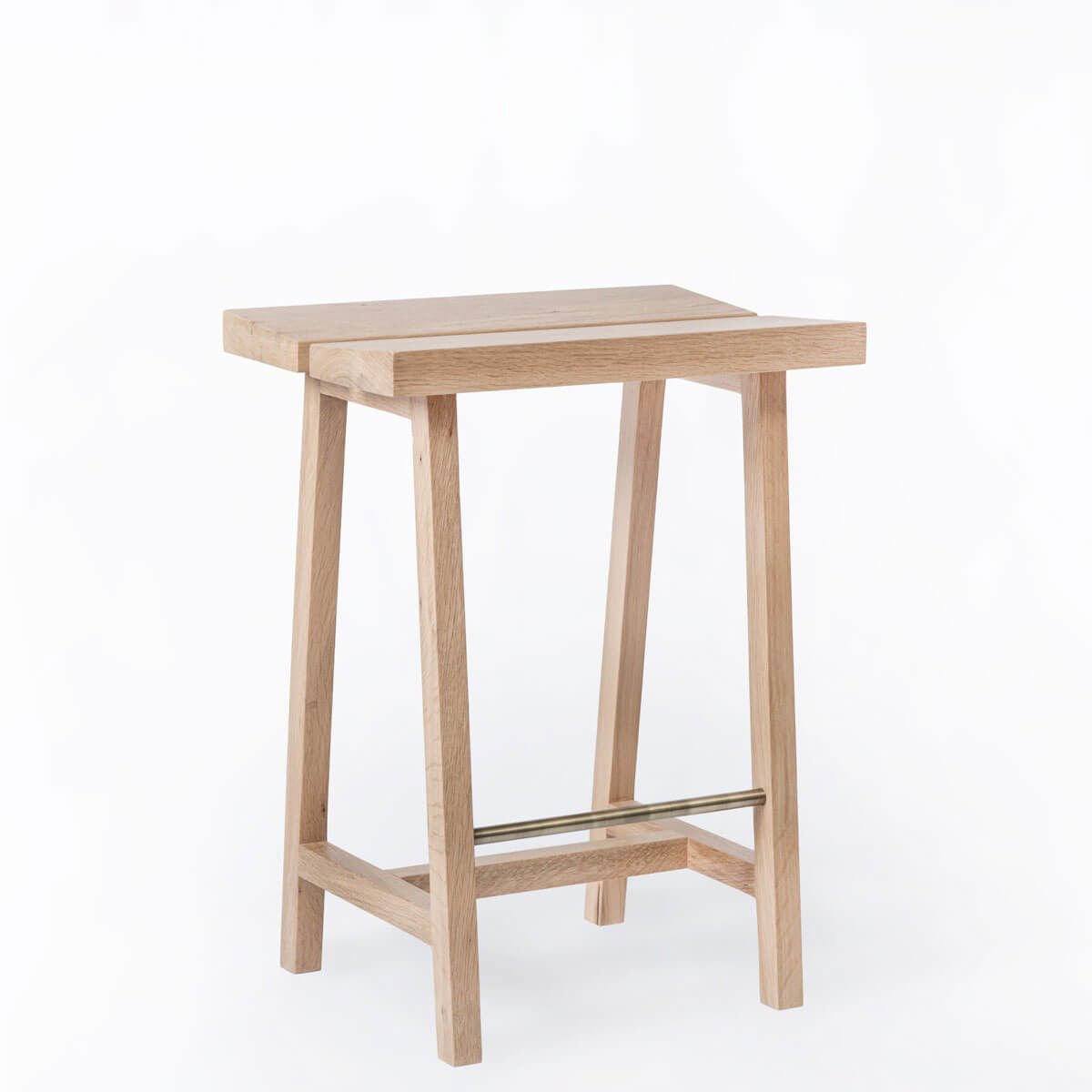 Solid Oak Low Bar Stool – PI Series, Brass Detail Raw