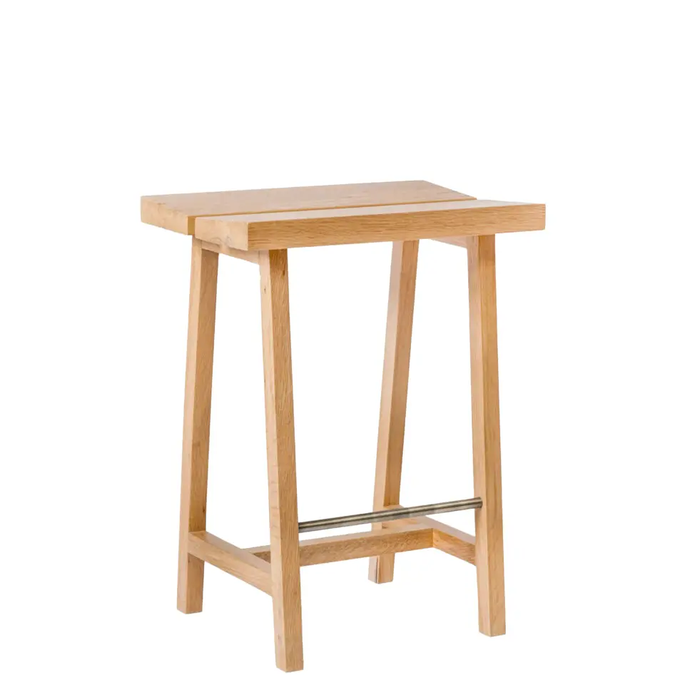 Solid Oak Low Bar Stool – PI Series, Brass Detailed Honey