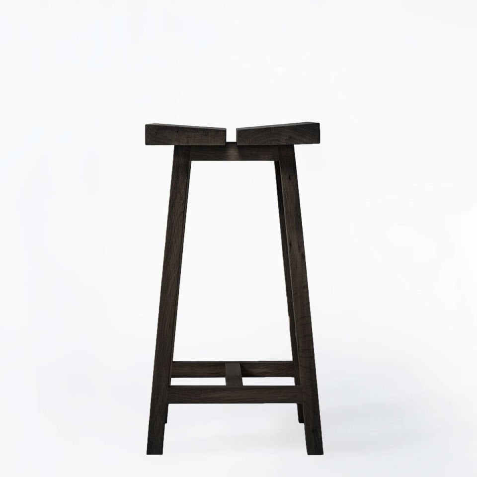 Solid Oak Low Bar Stool – PI Series, Dark with Brass Details