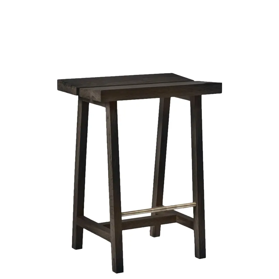 Solid Oak Low Bar Stool – PI Series, Dark with Brass Details