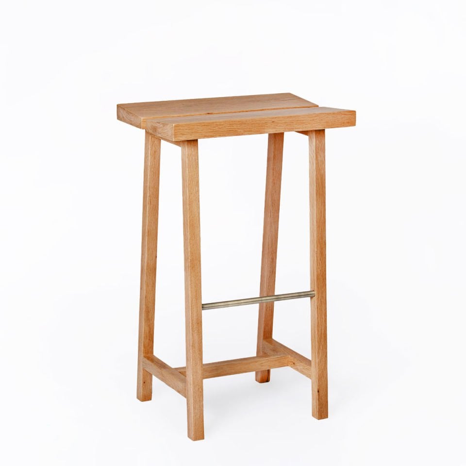 Solid Oak High Bar Stool – PI Series, Brass Detailed Honey