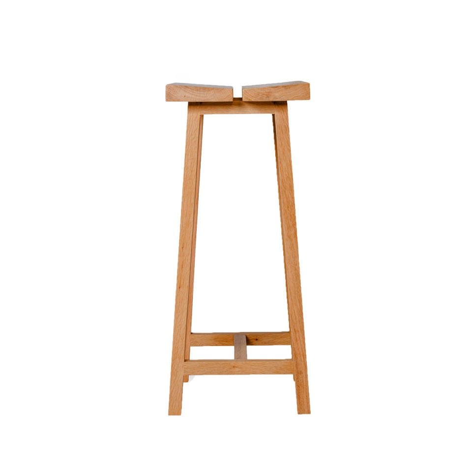 Solid Oak High Bar Stool – PI Series, Brass Detailed Honey