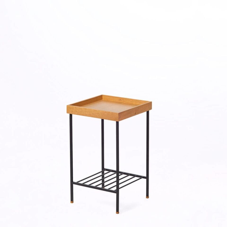 Masif Meşe Orta Boy Yan Sehpa / Saksılık – EDGE Serisi, Renkli Metal Ayaklı Honey - SİYAH