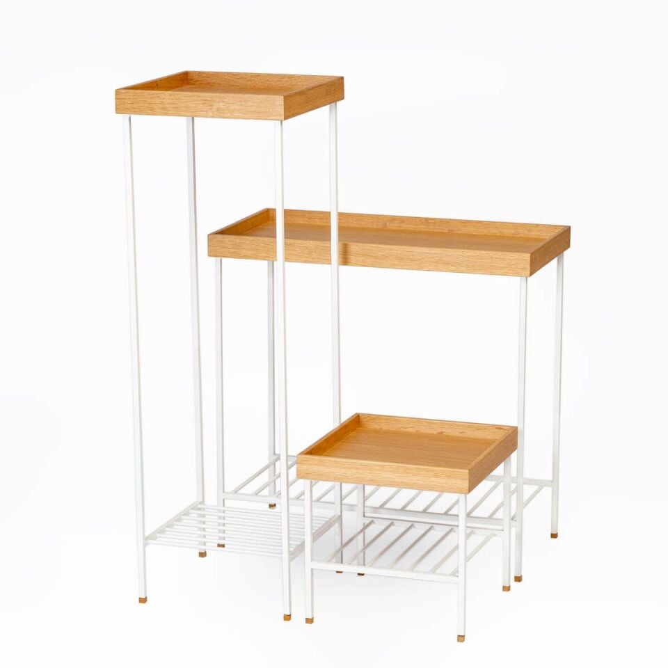 Masif Ahşap Geniş Yan Sehpa / Saksılık – EDGE Serisi, Renkli Metal Ayaklı Honey - BEYAZ